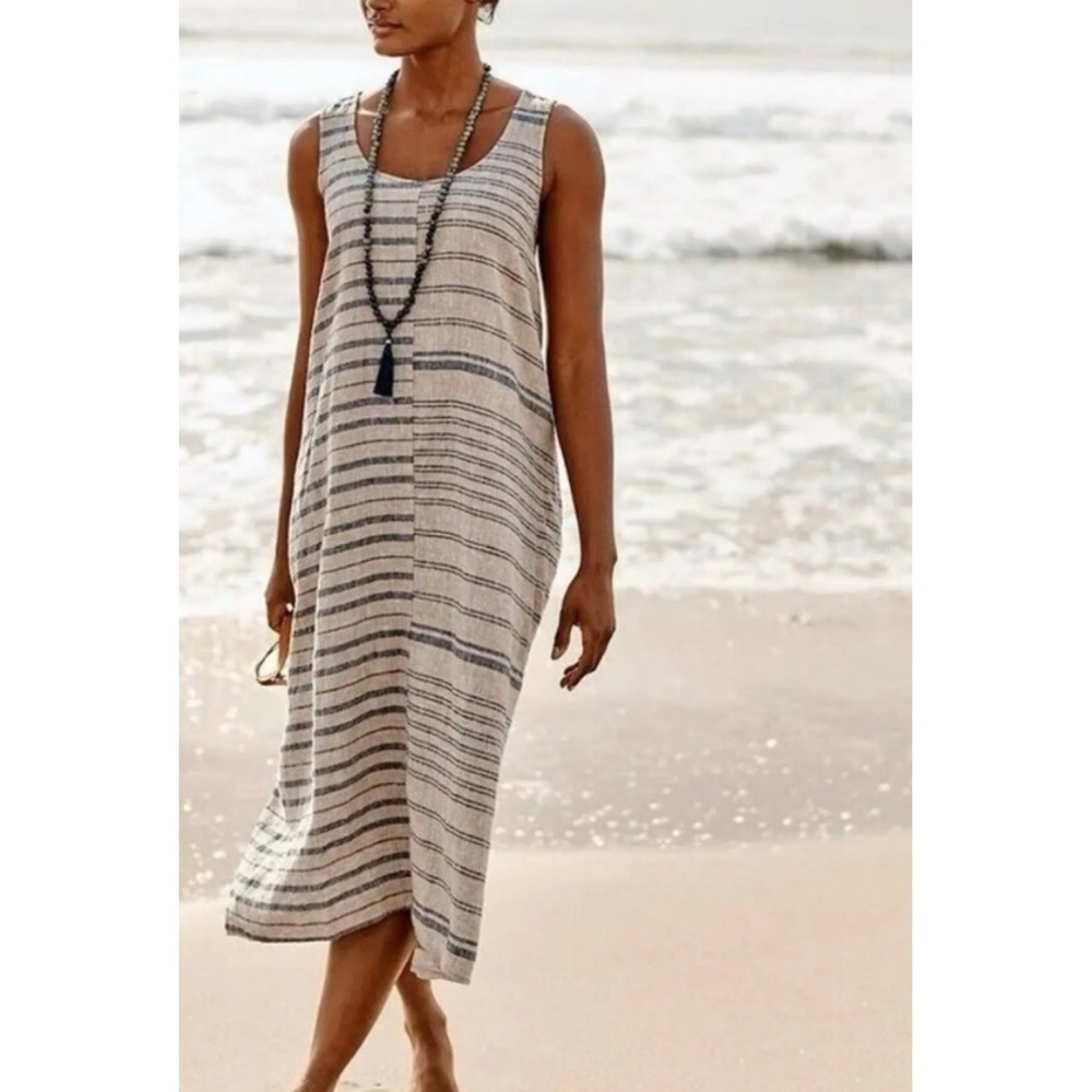 Sleeveless Striped Midi Dress in Beige and Navy